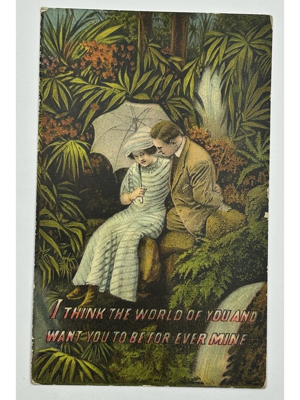 VTG 1911 Postcard Couple Parasol Waterfall Think World Of You Forever Mine  E-12